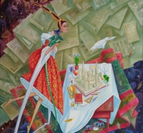 Картина "Замок с башней и драконом"