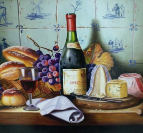 Картина "Натюрморт с вином и сыром"